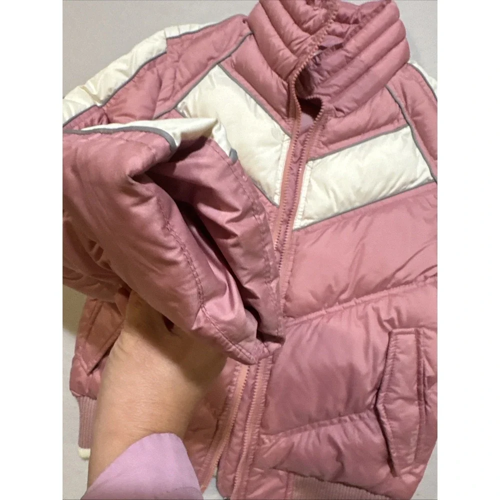 Tommy Jeans Y2K Puffer Jacket‎ Women Sz M Pink White Stripe Removable Sleeve Vtg